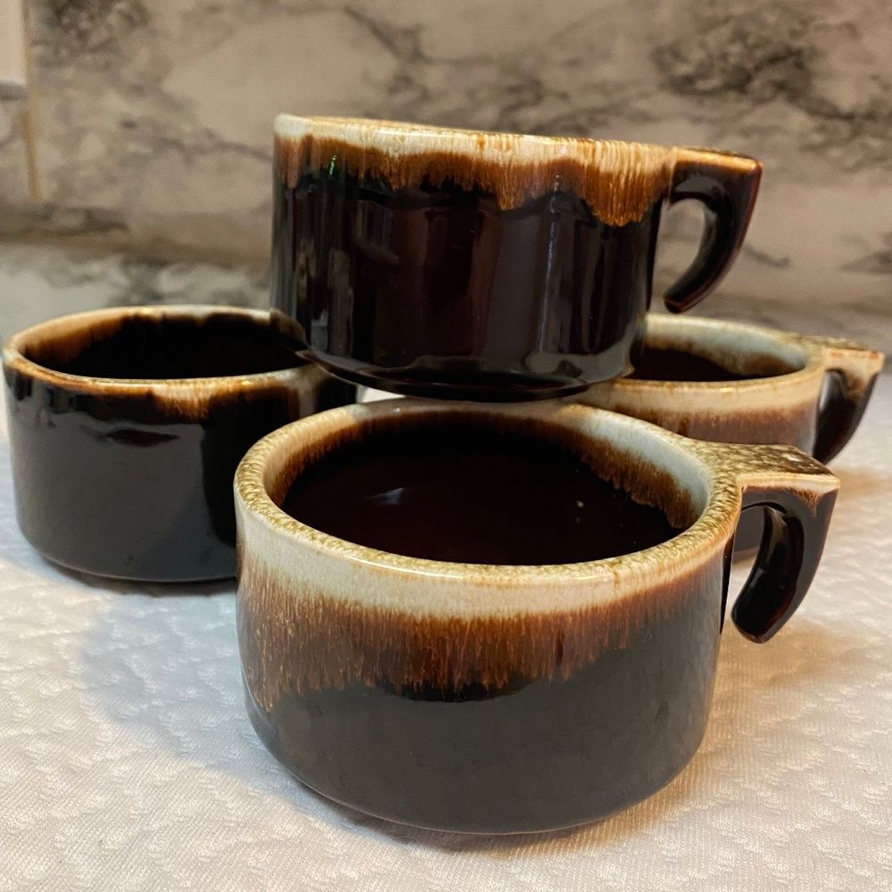 * Pfaltzgraff gourmet Brown drip open handle flat coffee mug holds 8oz set 4